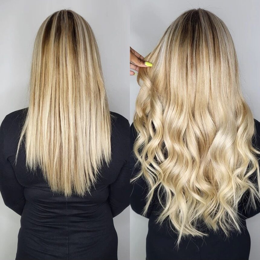 Antes e depois: cabelo loiro liso, curto, ganhando comprimento e ondas